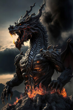 Mighty black dragon on the top of the mountain, dark fantasy, vertical, Year of the Dragon, Generative AI