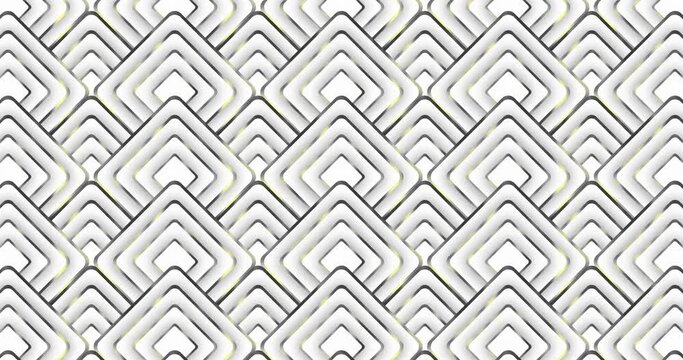 Elegant Seamless looped pattern background of shiny outline rings rounded square pattern moving from bottom down to up over white color background.