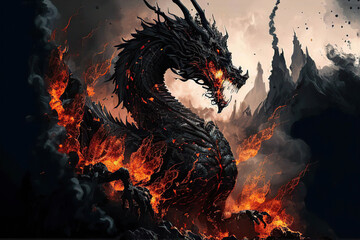 Black infernal dragon on the mountains in flames, volcanic dragon, dark fantasy illustration, Year of the Dragon, Generative AI