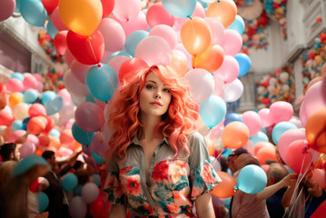 Fototapeta na wymiar Young birthday woman with helium balloons