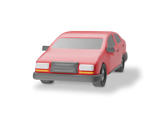 3D Red Car Vintage Model Isolated. Render Bright Realistic Car. Classic Sedan Motor Vehicle. Plastic Toy Auto. Advertising For Driving School Carsharing and Repair Service. Cartoon Vector Illustration