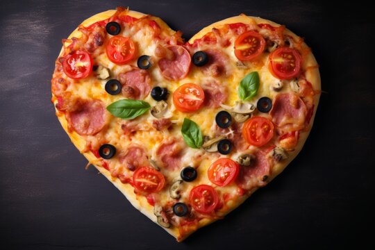 Heart-shaped pizza, a symbol of romantic Valentine's Day dinner and love. The cheesy delight embodies affection and culinary passion in a delightful romantic gesture.