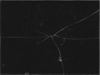 Texture of broken glass with scratches on black background for Y2K style work and creating crack effects for aged retro grunge style - obrazy, fototapety, plakaty
