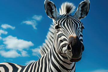 Fototapeta na wymiar Zebra in its natural habitat against the sky
