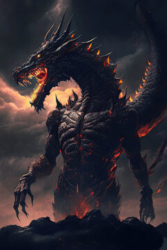 Mighty black infernal roaring dragon in the black clouds background, dark fantasy, vertical, Year of the Dragon, Generative AI