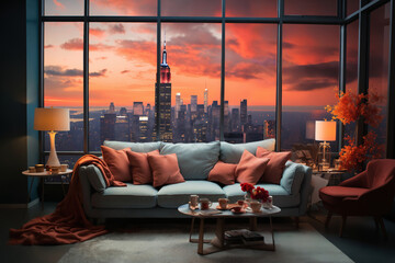 modern interior of a living room in an apartment, furniture, a table and sofa and pillows, a...