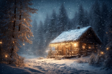 an old hut, decorated with lights for new year holiday, against the background of hard nature in...