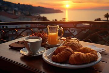 cup of coffee and french croissant on table, balcony with view of beautiful landscape, still life, sea and mountains, resort town, sunset - obrazy, fototapety, plakaty