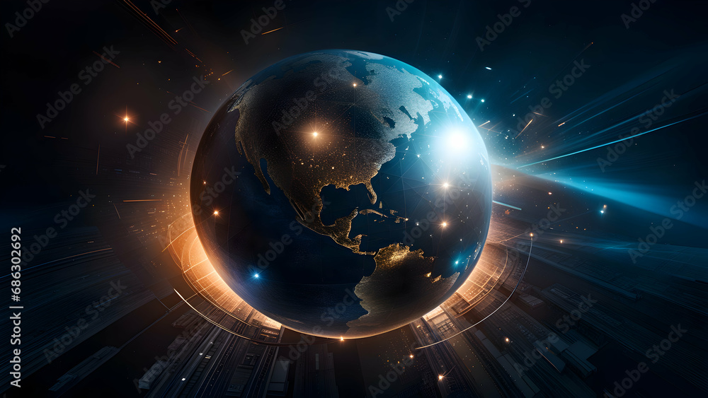 Wall mural earth from space showing the global internet spread around the world.
