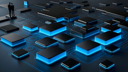 Fototapeta premium Businessman looking at the black and blue circuit board. 3D rendering