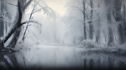 a frozen forest lake, misty morning in the forest