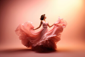 Young woman in pink dress dancing ballroom dance on pink background