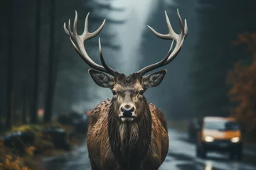 Plexiglas foto achterwand A deer stands on the road near the forest in the fog, cars are driving along the road. © Dzmitry
