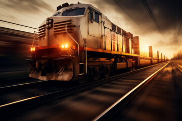 A freight train passes at high speed at sunset.