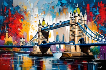 Papier Peint photo Tower Bridge An abstract oil painting that captures the iconic London Tower Bridge in a unique and expressive style. Bold brushstrokes and a vibrant color palette 