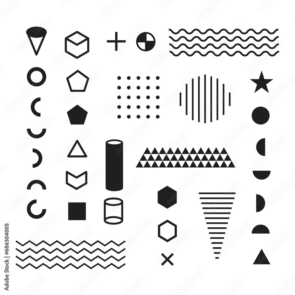 Poster geometric shapes vector. set of memphis abstract geometric line graphic shapes elements for web vint