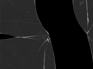 Texture of broken glass fragments with scratches and black background space for mockups for Y2K...