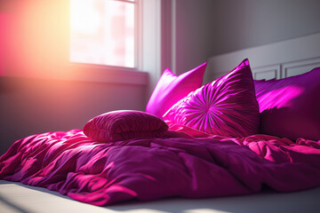 close-up of cozy bed in vivid magenta
