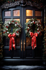 Fototapeta na wymiar Christmas wreaths on the front doors of the house