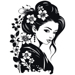 girl with flowers, geisha illustration, geisha vector graphic, japan picture