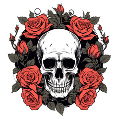 Skull head with the rose of vintage illustration on a white background, Generative AI