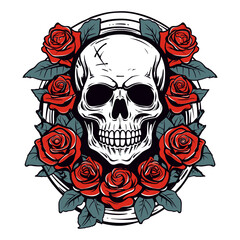 Skull head with the rose of vintage illustration on a white background, Generative AI