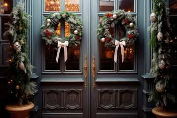 Fototapeta na wymiar Christmas wreaths on the front pale blue doors of the house
