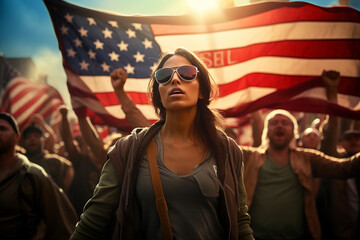 revolution usa rally flag america girl young changes in social and political life regime change honesty better life 2024 - obrazy, fototapety, plakaty