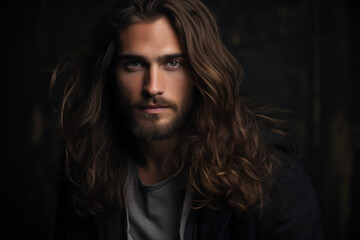 Sexy handsome guy portrait sport muscle strong face man with long hair in on black isolated font background