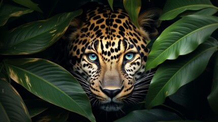 Leopard face in tropical leaves.
