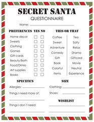 Secret Santa Questionnaire. Gift Exchange. Office Secret Santa. Workplace Gift Questionnaire. Christmas Wish list template. - obrazy, fototapety, plakaty