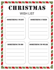 Christmas Wishlist Wish list for Christmas gifts with cute holiday ornament. Gift list. Vector template.
