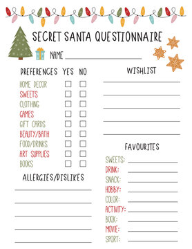 Secret Santa Questionnaire. Gift Exchange. Office Secret Santa. Workplace Gift Questionnaire. Christmas Wish list template.