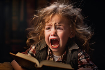 child girl boy reading a book crying hysterically screaming difficulty learning emotions homework...