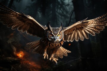 Aerial Presence Realistic Image of Bubo Bubo Owl in Flight Through the Forest Generative AI