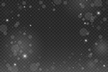Sparkling silver particles, glowing bokeh lights isolated.