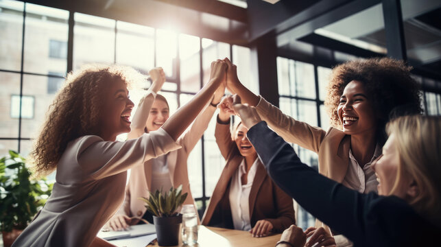 Moment of celebration, with a group of women in a business setting giving each other a high five, all smiling and exuding happiness and a sense of achievement.