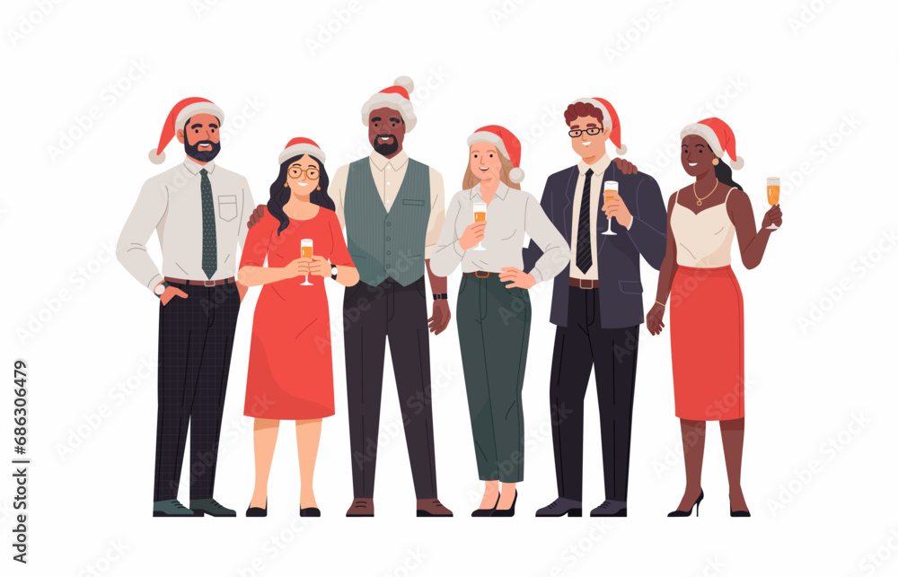 Wall mural Christmas Business Team. Vector cartoon flat illustration of diverse young adult people in business outfits and Santa hats, standing together with wine glasses. Isolated on a white background