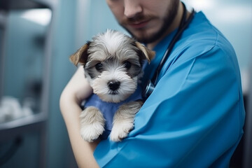 Puppy  at veterinarian doctor. Veterinarian holding a dog,