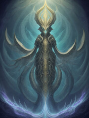 a vintage-chic esoteric luminous leviathan, bathed in ethereal hues and intricate patterns