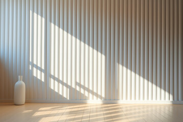 Naklejka premium Light textured wall with vertical stripes and shadows from sunlight. Space for demonstration product