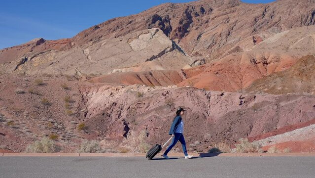Young woman walking alone through the desert with a suitcase as luggage - travel photography