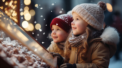 Two small children a boy and a girl on a snowy winter street are looking at a shop window