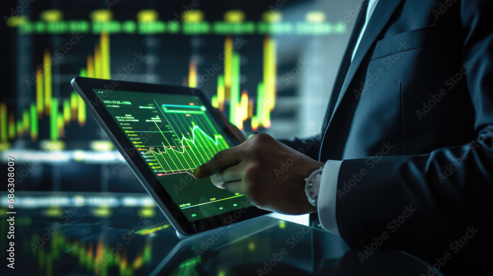 Poster businessman or trader holding tablet with graphs and charts against black background