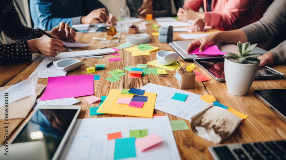 Poster close-up of a busy brainstorming session with multiple hands, colorful post-it notes, and documents 