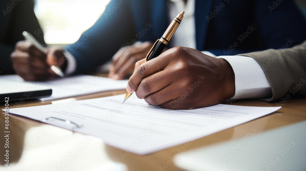 Poster close-up view of hands signing a document, with multiple individuals engaged in a business meeting a