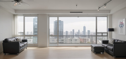 Spacious living room with leather sofas, ceiling fan, in a skyscraper, panoramic large floor-to-ceiling windows, bright room - obrazy, fototapety, plakaty