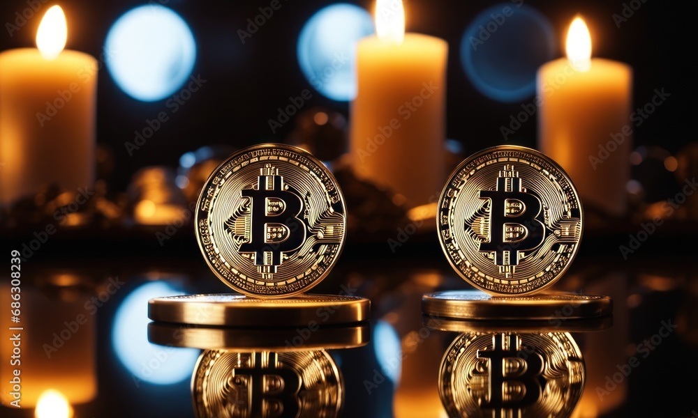 Poster bitcoin shiners on dark mirror surface in front of candlesticks. bitcoin on glossy surface, business