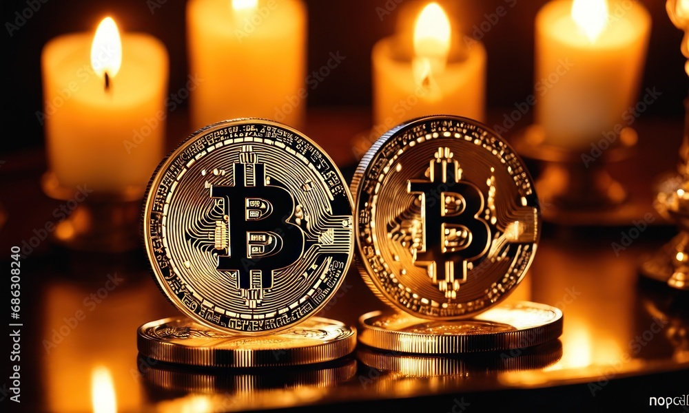 Poster bitcoin shiners on dark mirror surface in front of candlesticks. bitcoin on glossy surface, business