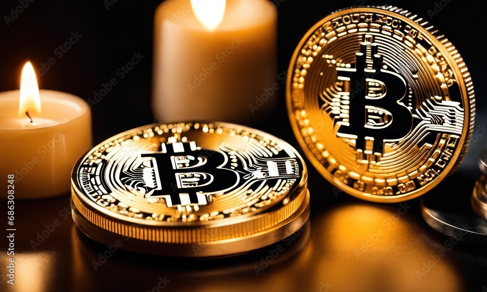 Poster bitcoin shiners on dark mirror surface in front of candlesticks. bitcoin on glossy surface, business